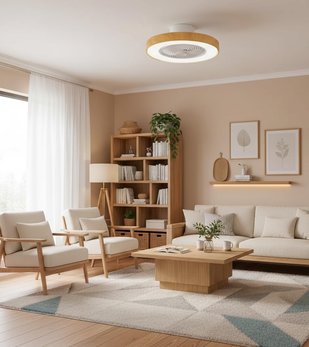 BEL AIR HOME - Ventilador Plafón CATHAY Motor DC - Luz LED 72W Mando a Distancia - Rejilla Giratoria Eficiente Ventilación de 4 Velocidades para Verano - Plafón LED para Invierno (BLANCO MADERA)