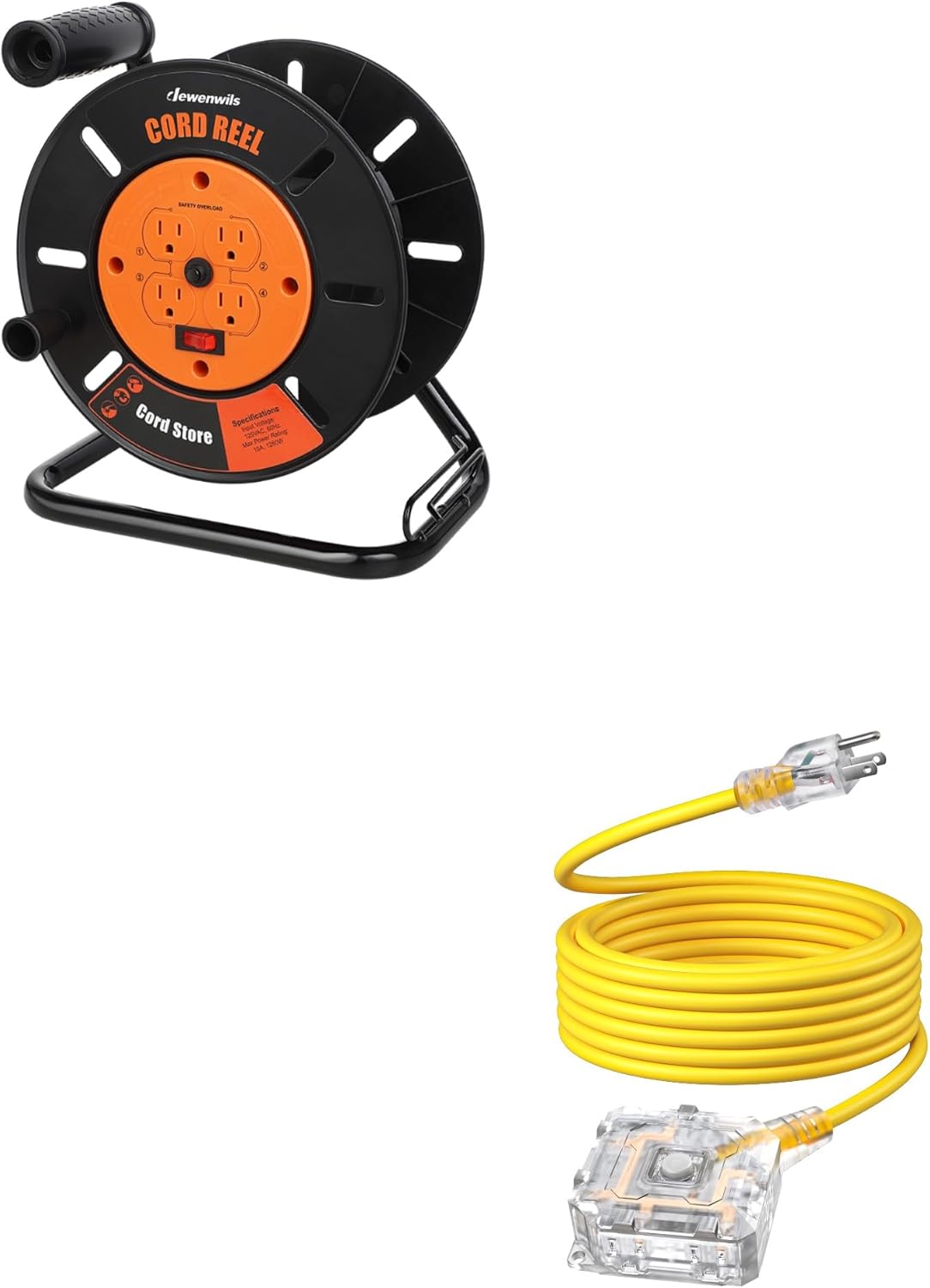 DEWENWILS Extension Cord Storage Reel with 4-Grounded Outlets+DEWENWILS 25FT Outdoor Heavy Duty Extension Cord