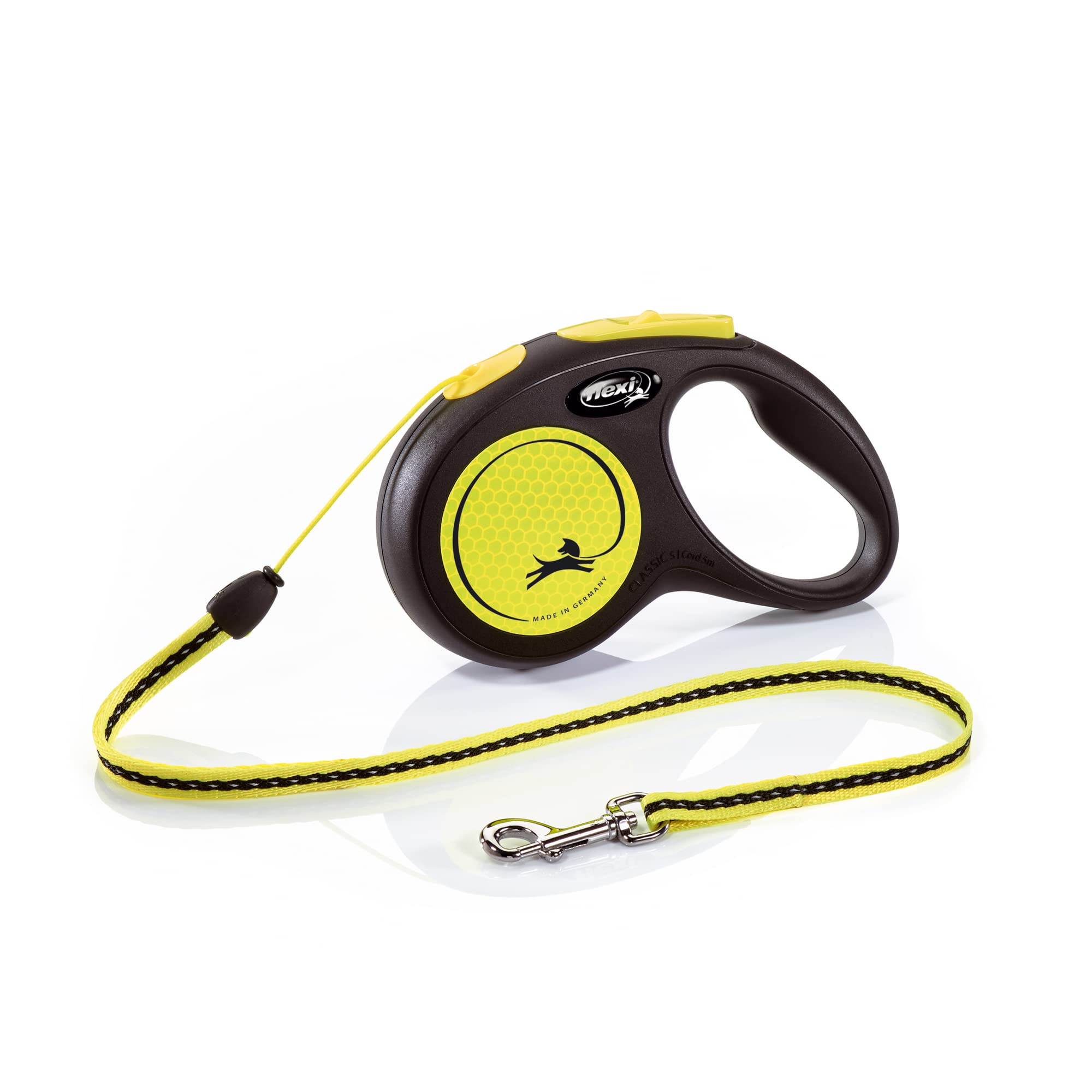 Croci Flexi New Neon Cord, Correa Reflectante Extensible Para Perros, Talla S Hasta 15 Kg, 5 Metros De Largo, Negro Y Amarillo
