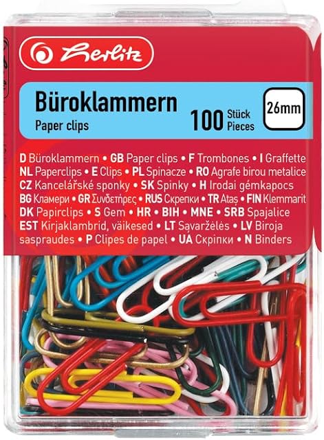 Herlitz 8760811 spinacze biurowe 26 mm, metal pokryty tworzywem sztucznym, 100 sztuk w pudełku wiszącym, posortowane pod względem koloru