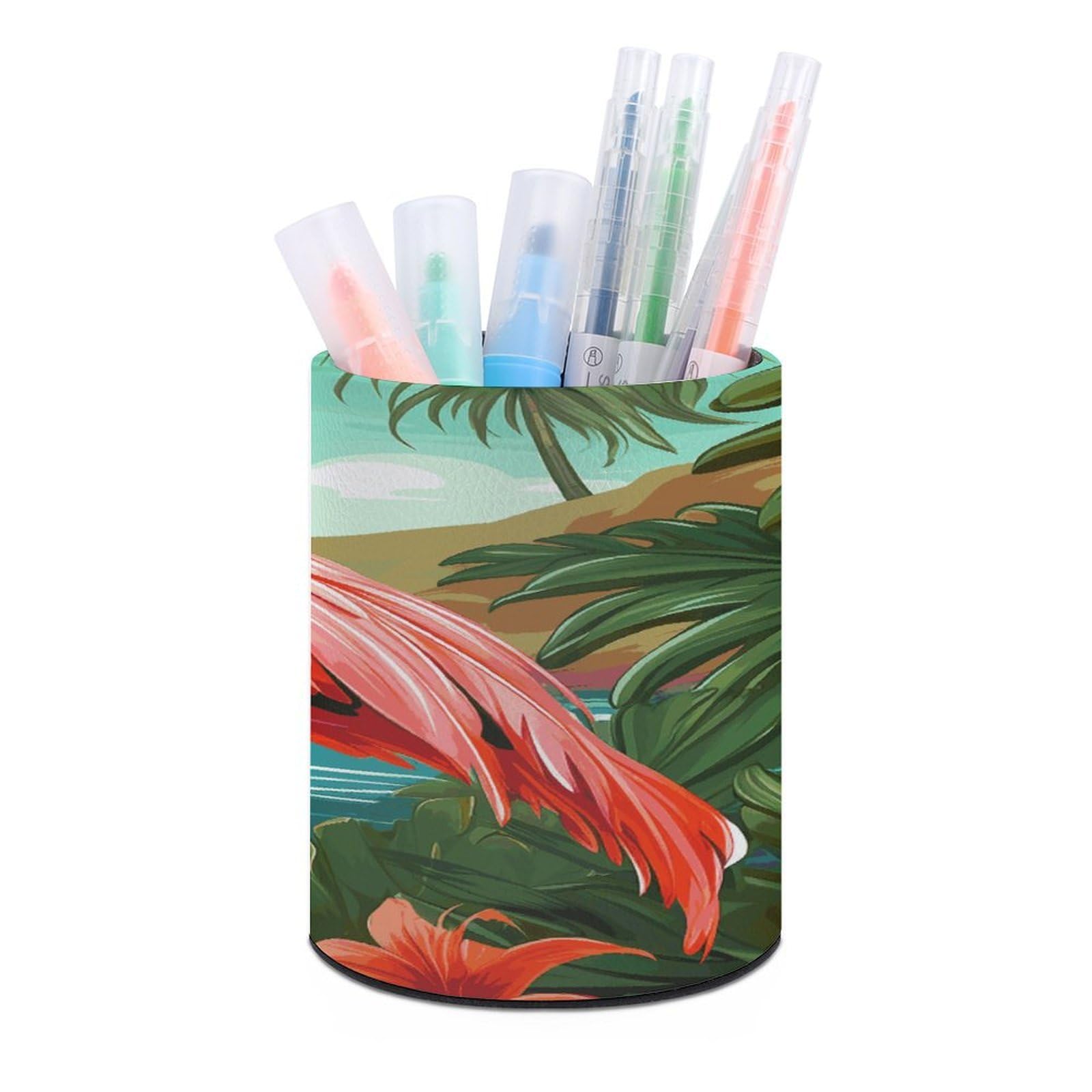 Tropical Flamingo Pen Holder Multi-Functional Round Pencil Holder Cute Office Decoration Pen Cups Simple Design PU Leather Paintbrush Cups for Home Office Desk
