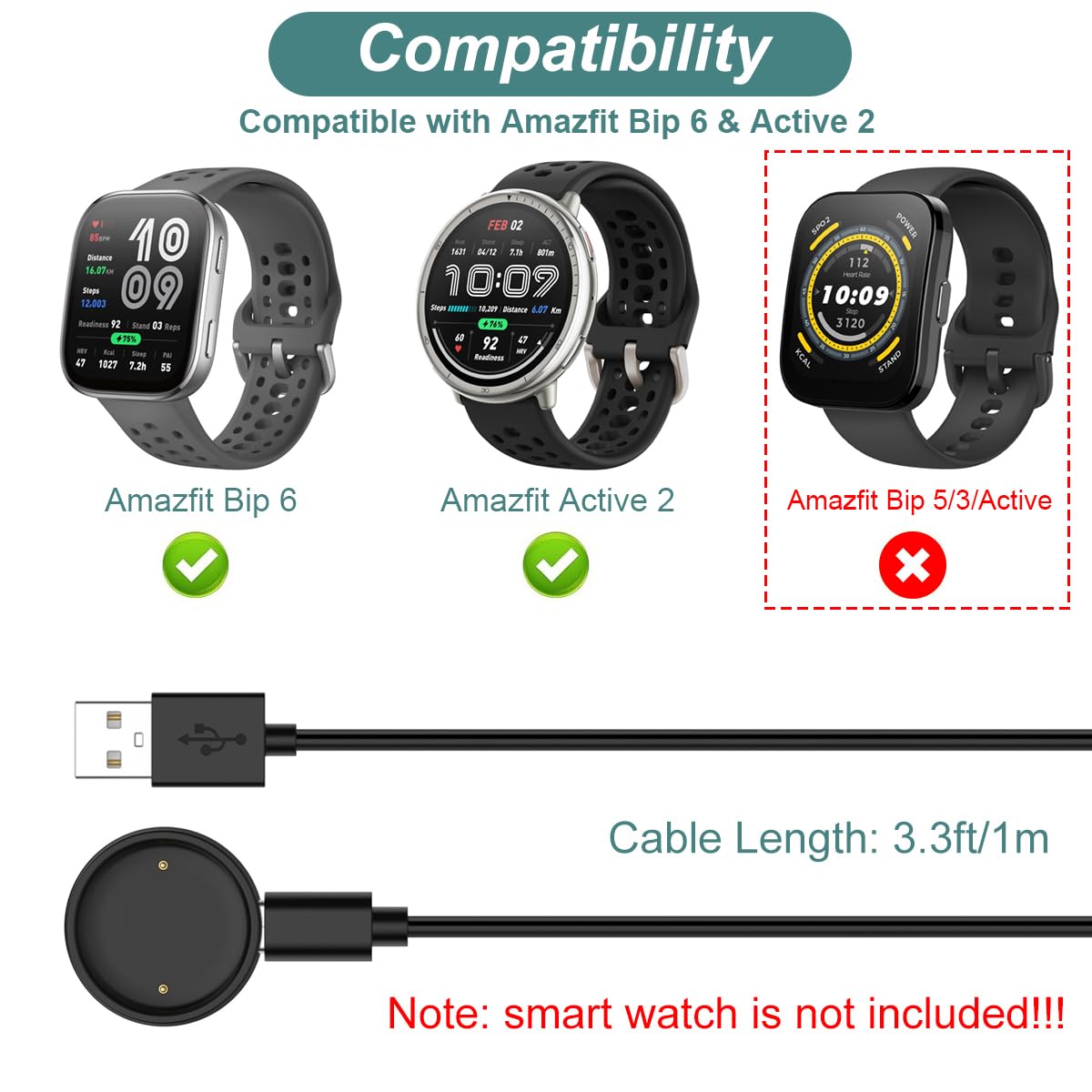 Charger for Amazfit Bip 6/Active 2, Replacement Charging Cable Cord for Amazfit Bip 6, Active 2 Smart Watch (3.3ft/1m)