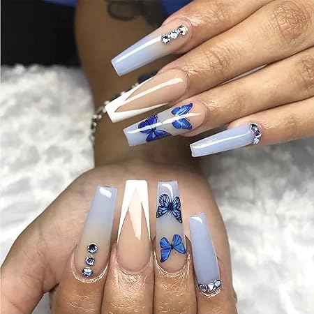 Amazon Com Yosomk French Tip Press On Nails Long With Designs Baby Blue Butterfly False Fake Nails Press On Coffin Artificial Nails For Women Stick On Nails With Glue On Static Nails