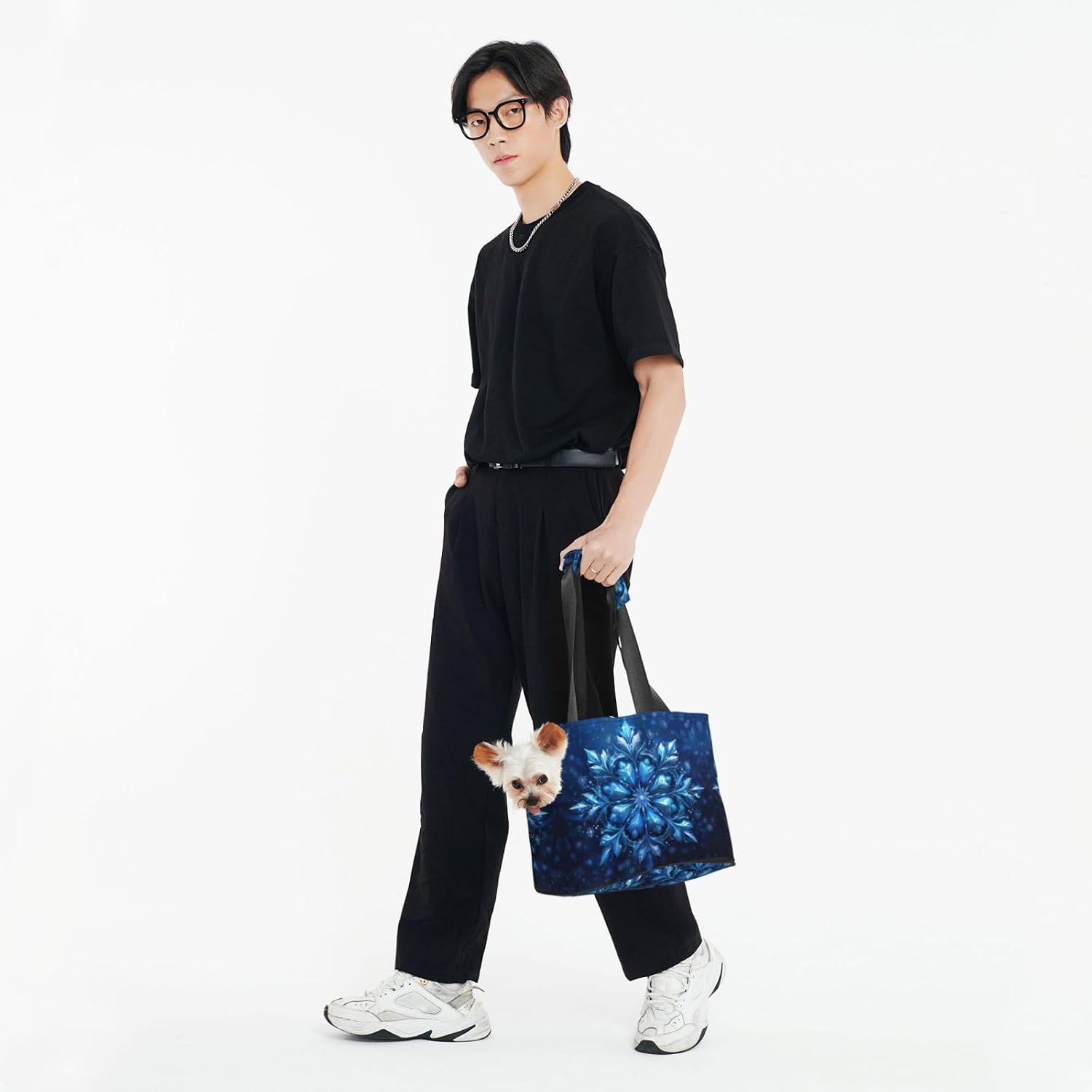 Blue Christmas Snowflake Print Portable Foldable Shoulder Bag for Travel,with Collar Hook and Handle Pad,Cute Stylish Design