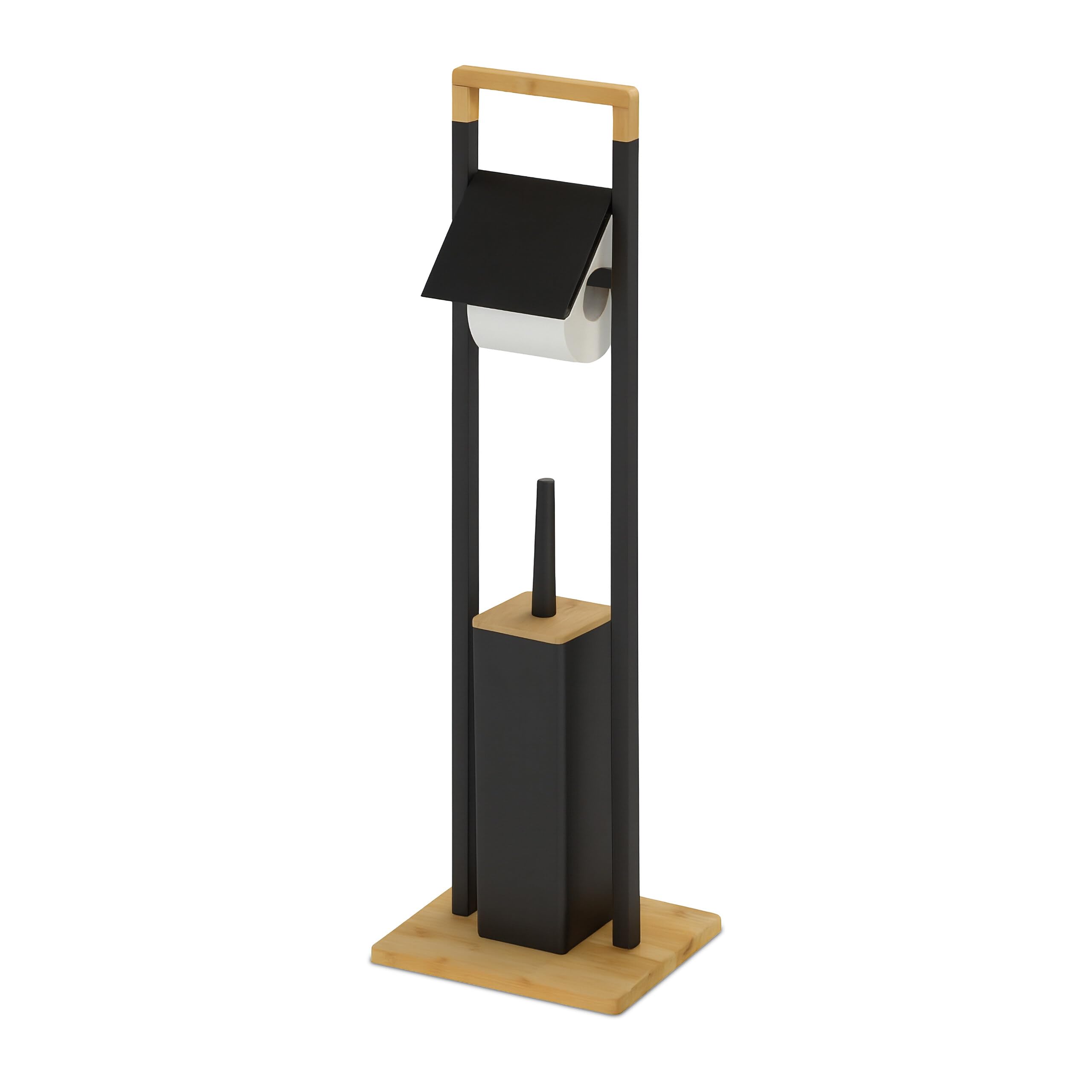 Ensemble WC Relaxdays, Bambou, Porte-Rouleau sur Pied, Brosse WC avec Support, 76,5 x 28 x 18 cm, Noir