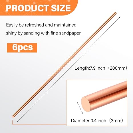 Tandefio 6 Pcs Pure Copper Round Rod 9.84 Inch Length Solid Copper Rod Bare Bar Conductive Cu Metal Rod for Grounding Metal Working Craft Hobbies (0.12'' / 3 mm Dia)