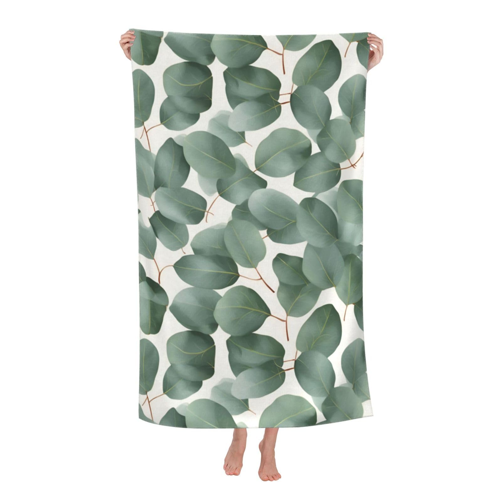 Pojknbv White Green Eucalyptus Leaves Print Oversized Adult Beach Towel Quick-Dry Comfortable Lightweight Travel Pool Camping