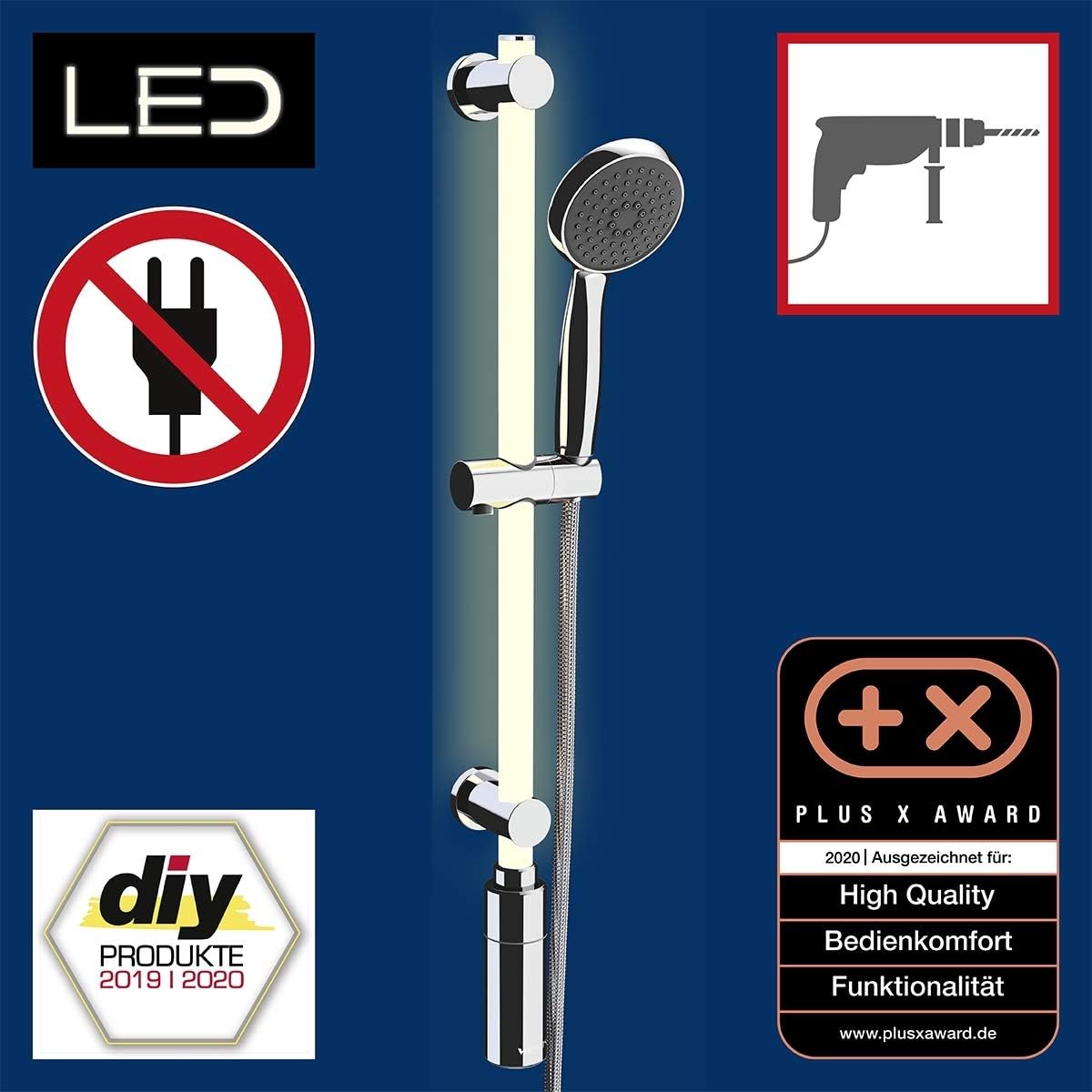 WENKO Shower Rail Set with Illuminated LED Shower Rail 74 cm in Warm White Shower System