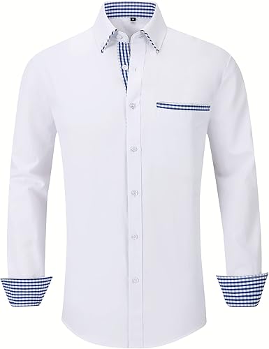 SWISSWELL Camisa de vestir para hombre, manga larga, elástica, con botones, cuello hacia abajo, camisas casuales con bolsillo