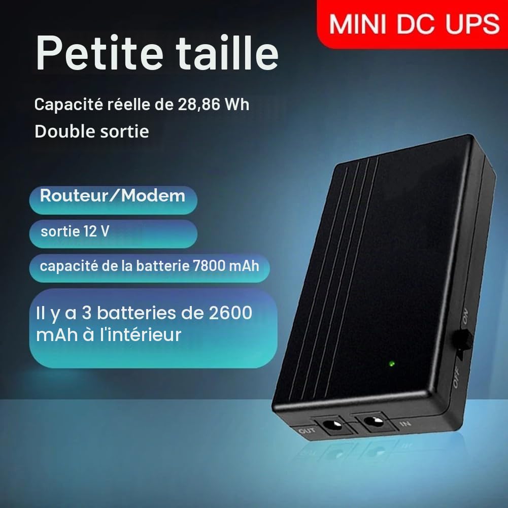 Mini onduleur avec batterie de secours, mini onduleur avec une puissante capacité de 7800 mAh pour routeur WiFi, téléphone, appareil photo, alimentation USB 5 V/DC 12 V