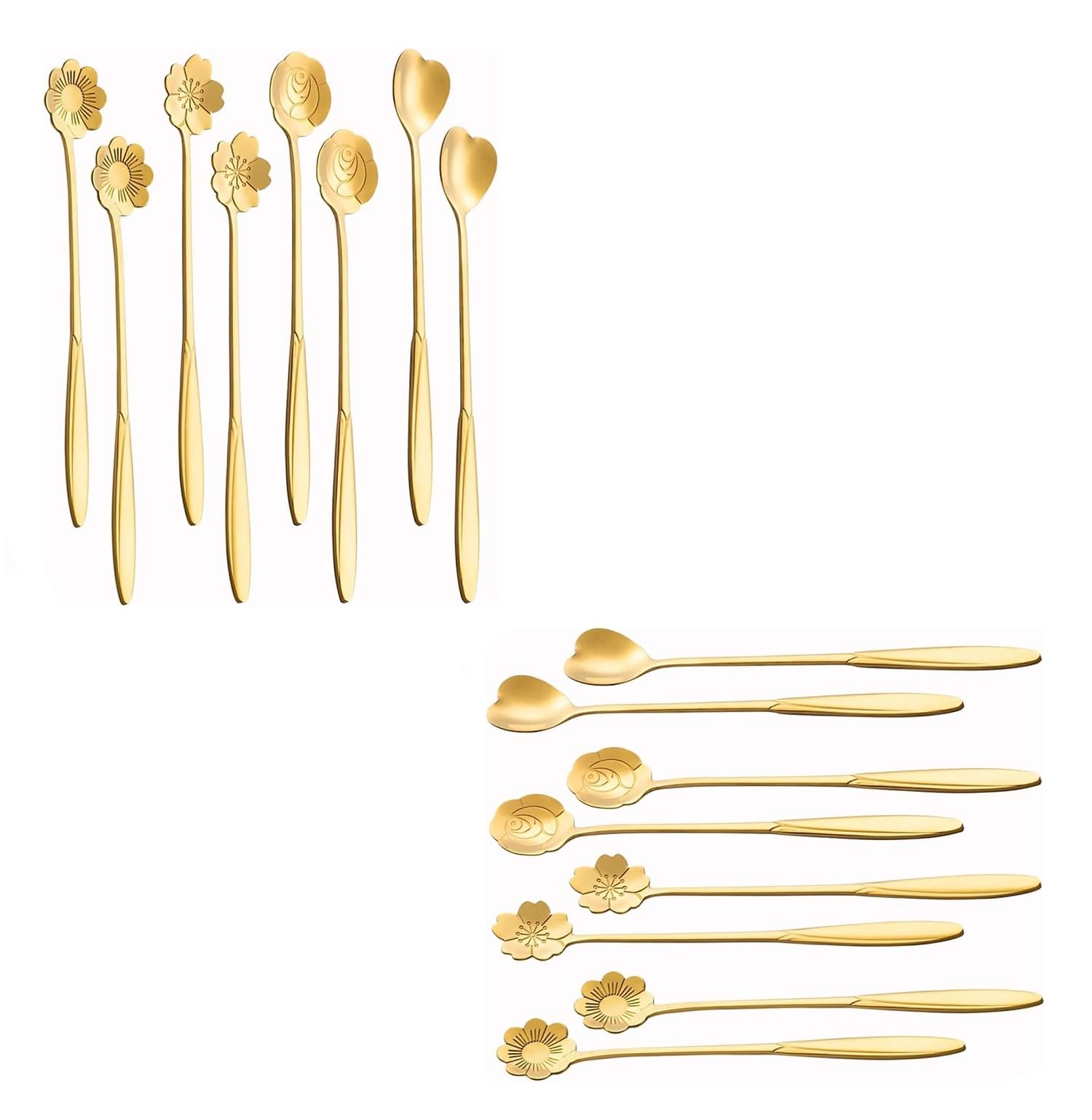 Golden Spoons, Coffee Spoon, Flower Teaspoons, Desserts Spoons, Stainless Steel Reusable Tea Scoops, Spoon Set for Kitchen, Dessert House, Cafe Or Bar (16Pcs Spoon)