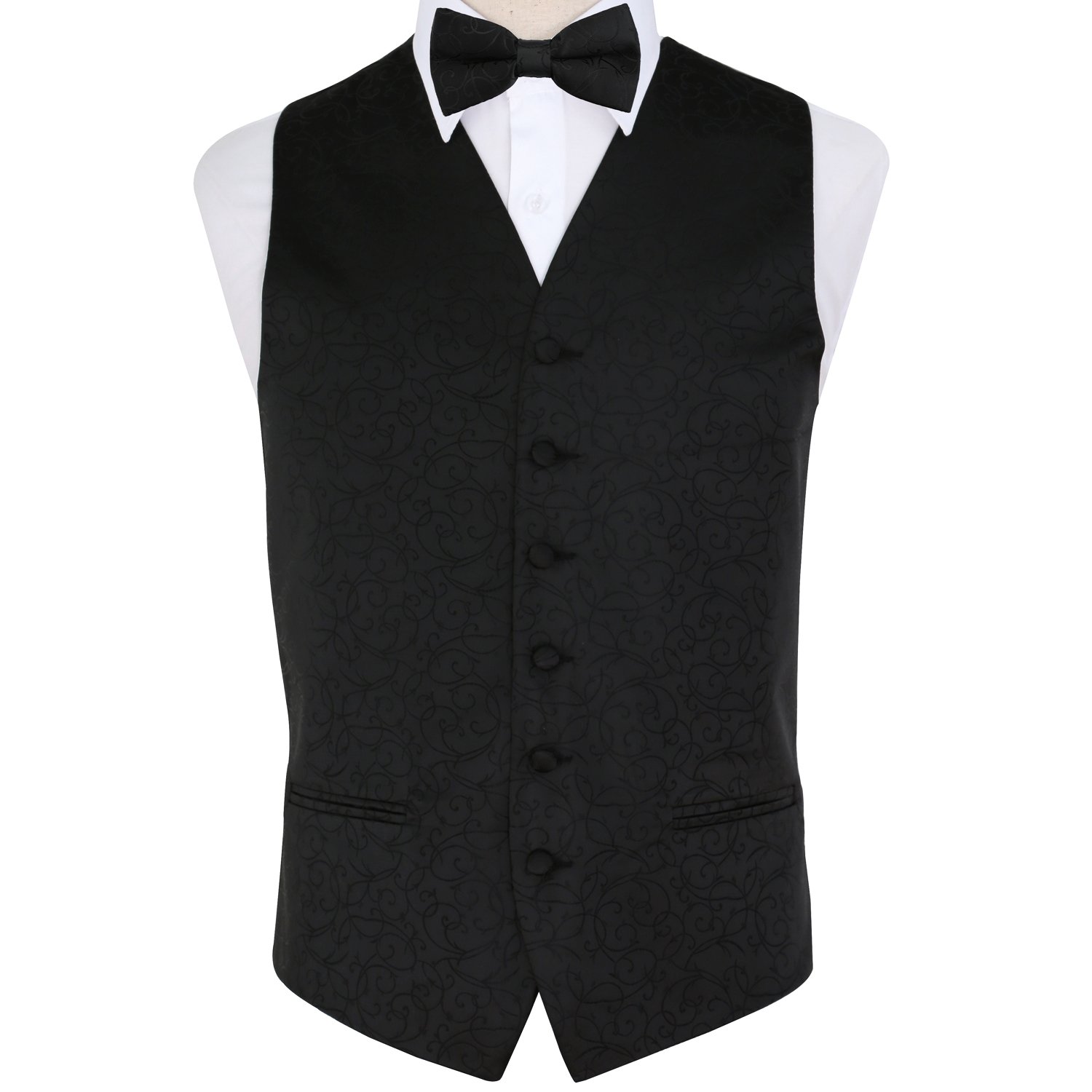 Dqt Men's Black Swirl Jacquard Waistcoat Pre-Tied Bow Tie Pocket Square & Cufflinks Set (4Pc) - Wedding, Business & Formal - 40" (L)
