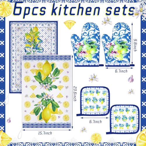 Bencailor 6 Pcs Lemon Kitchen Towels Oven Mitts and Pot Holders Set Decorative Dish Towels Tea Washcloth Non Slip Heat Resistant Oven Gloves for Summer Home Cooking Baking, Blue, Gold