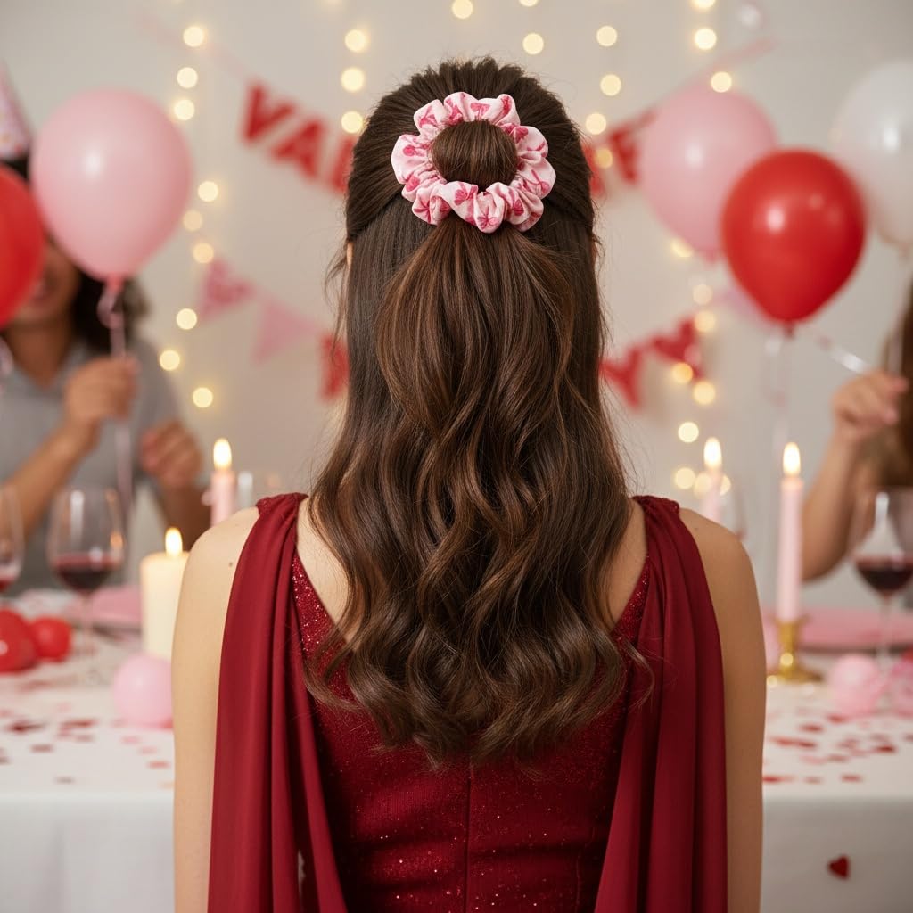 2PCS Bowknots Hair Scrunchies Valentine’s Day Hair Scrunchy for Women Festival Hair Accessories Pink Red Ribbon Bow Print Hair Ties Elastic Soft Hair Bands for Thick Curly Hair’s Ponytail Holder Decor image 4
