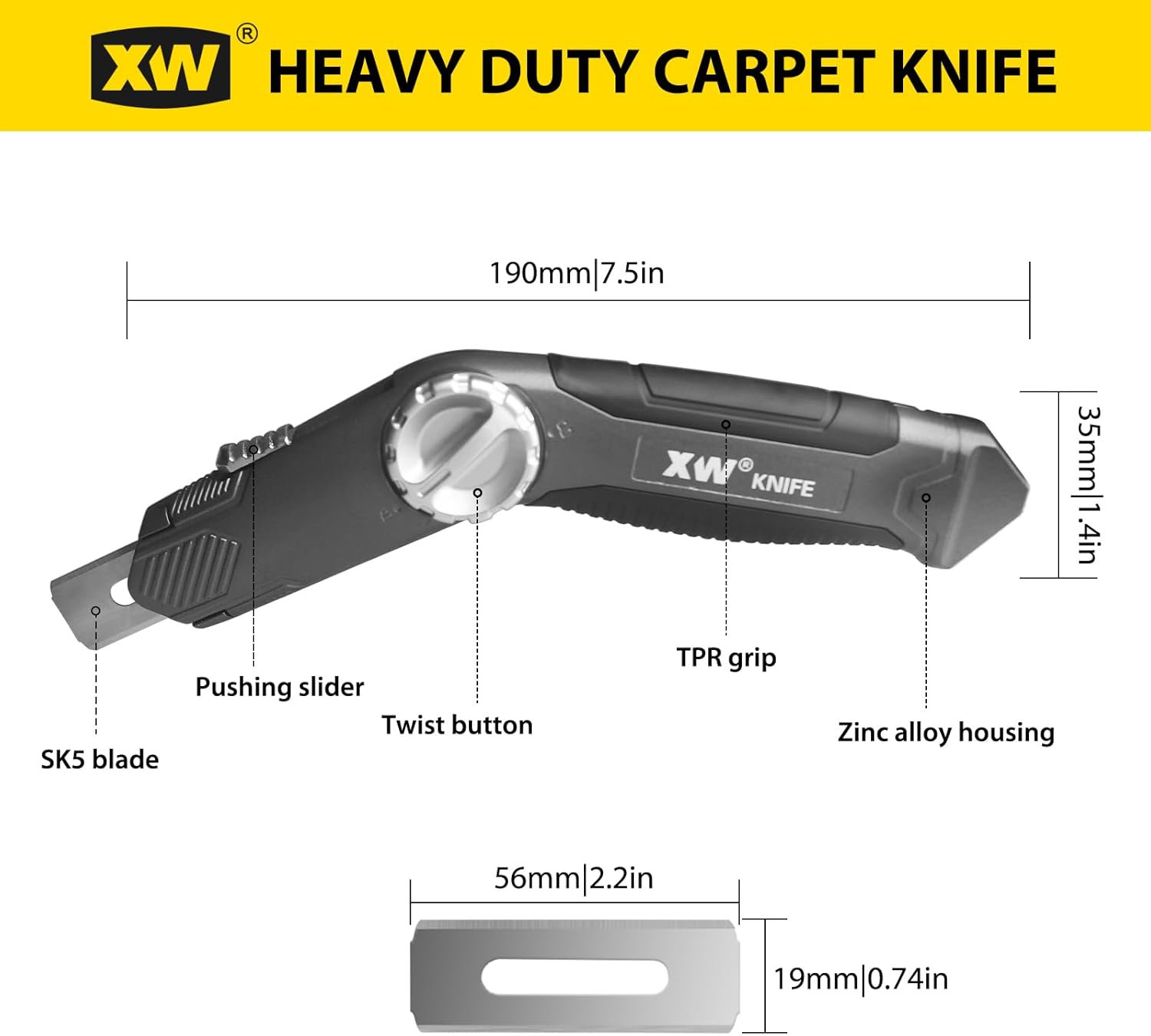 XW Retractable Carpet Knife with Twist-lock Design, Heavy Duty Zinc Alloy Knife with Blade Storage, Extra 5 Blades Included.