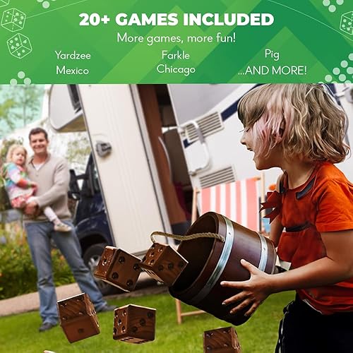 Miniatura 9 de Juego de dados Swooc Games yardzee farkle y 20 juegos más juego de dados gigantes para patio aptos para todo clima con cubo de madera 5 tarjetas de