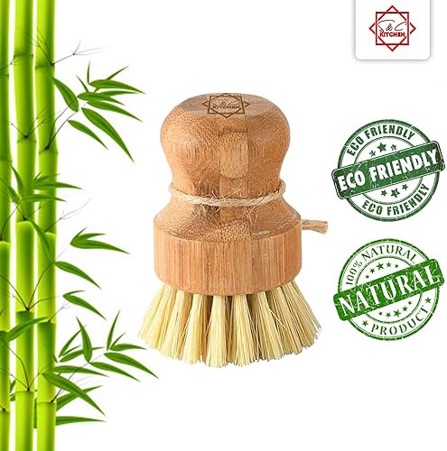 Miniatura 5 de S&C Kitchen - Cepillo de bambú para limpiar sartén, verduras, platos, wok, platos para cocina, baño, hecho de cerdas de palma y sisal con mango,