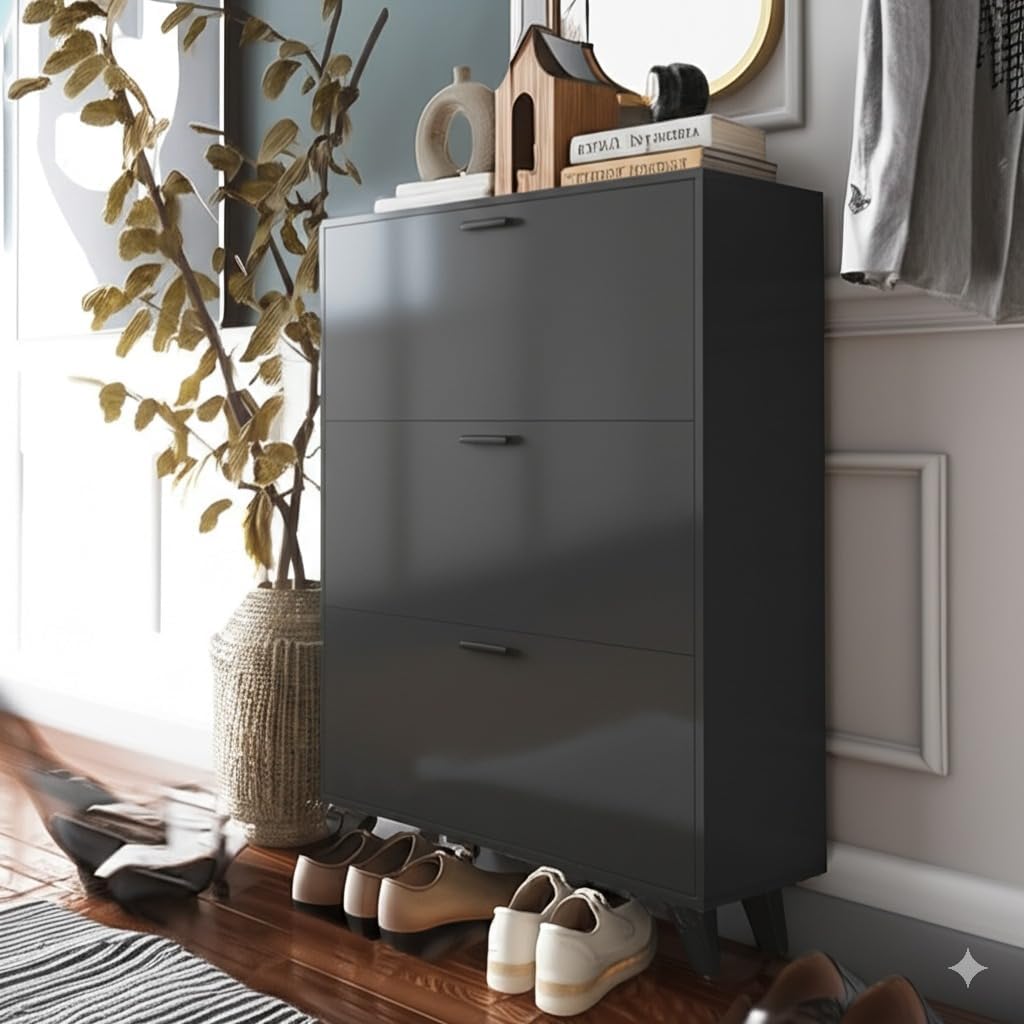 Anystyle Black Shoe Storage Cabinet for Large Shoes, 3-Tier Adjustable Flip-Door Organizer, Space-Saving Wooden Cabinet for Entryway, Closet, Living Room, 31.5" W x 49.2" H