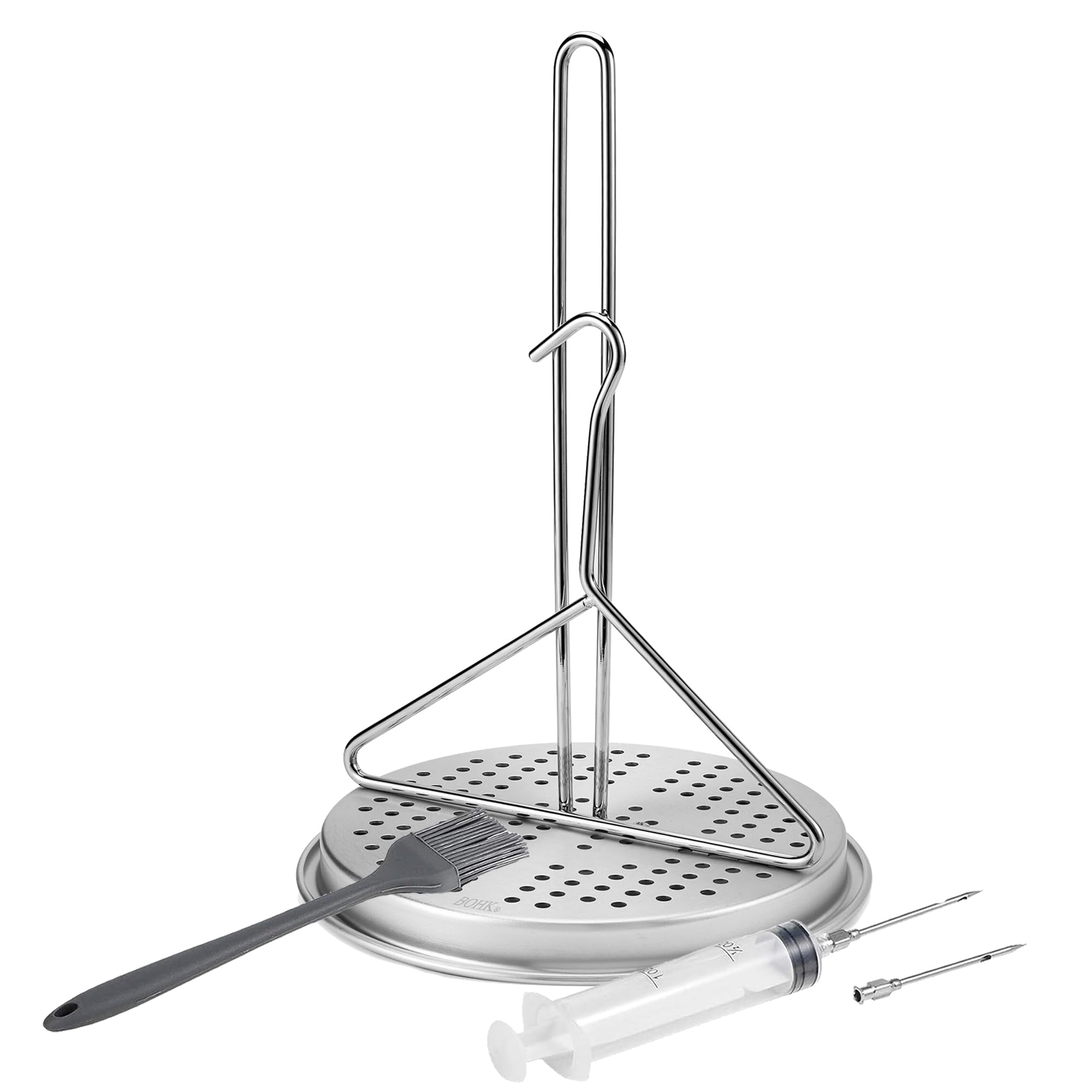 BOHK Perforated Aluminum Turkey Chicken Poultry Deep Frying Rack with Chrome Finish Wire Handle Lifter Hook Seasoning Injector Silicone Brush