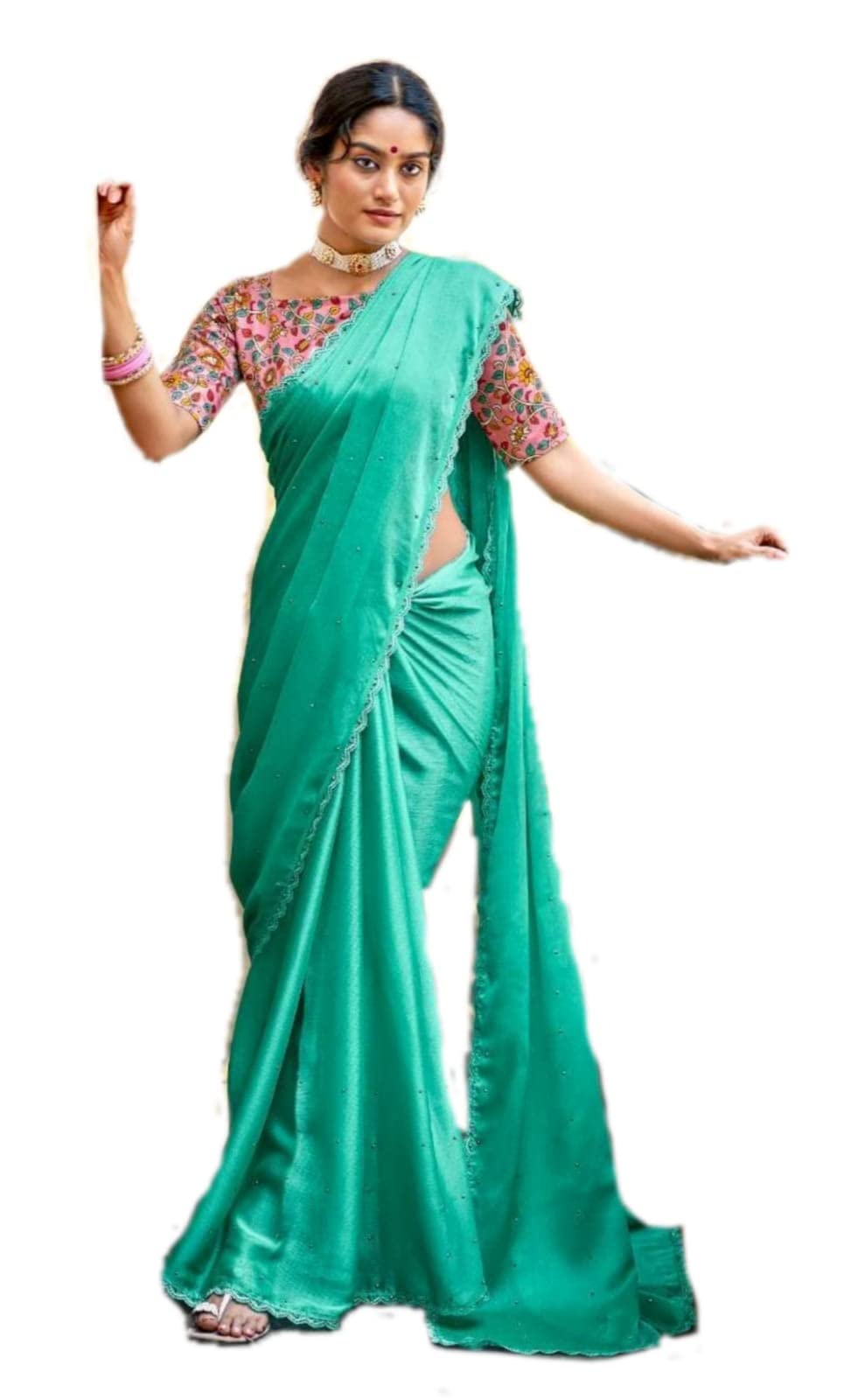 GenericGRABMANTRA SILK AND COTTON SAREES, Beautiful Trendy Plain color saree with Mukesh and lace all over with unstitched printed blouse.