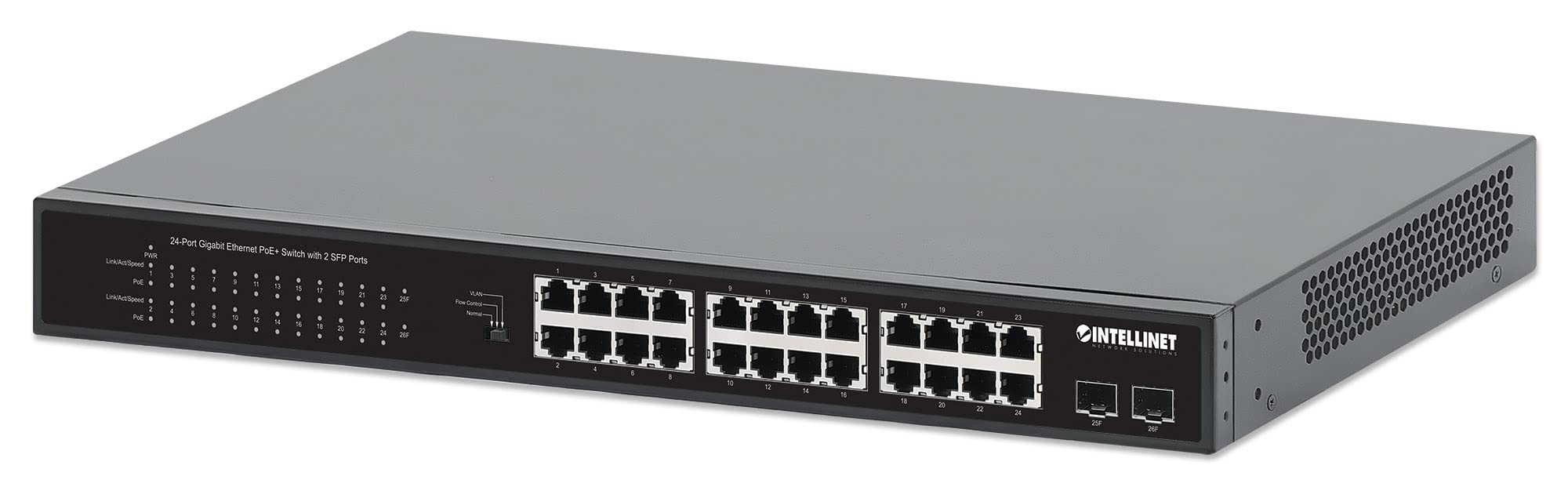 Intellinet 24-Port Unmanaged PoE+ Gigabit Ethernet Switch - 370W Power Budget, 2 x 1Gbps SFP Ports, Rackmount / Desktop, Autosensing Ports, Sturdy Metal – 3 Yr Mfg Warranty - 561891