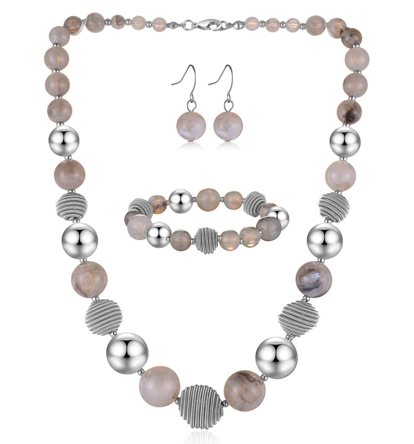 Chunky Beaded Silver Necklace Earrings Pearl Handmade Bracelet Set Statement Costume Fashion Jewellery Set Birthday Gifts for Women