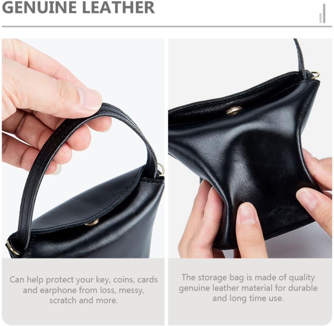 Genuine Leather Key Holder Pouch for Earphones and Coins Black