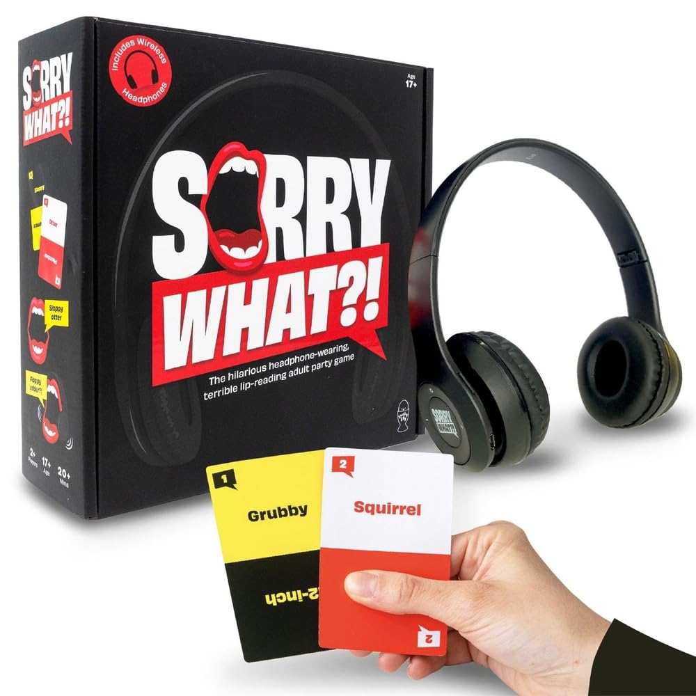 Sorry What - Cheerful Awful Lips Reading Adult Party Game - Headphone Challenge Based on TikTok Trends - 2+ Players 40,000 Funny Word Phrases Combinations - Card Game Adult Birthday Gift