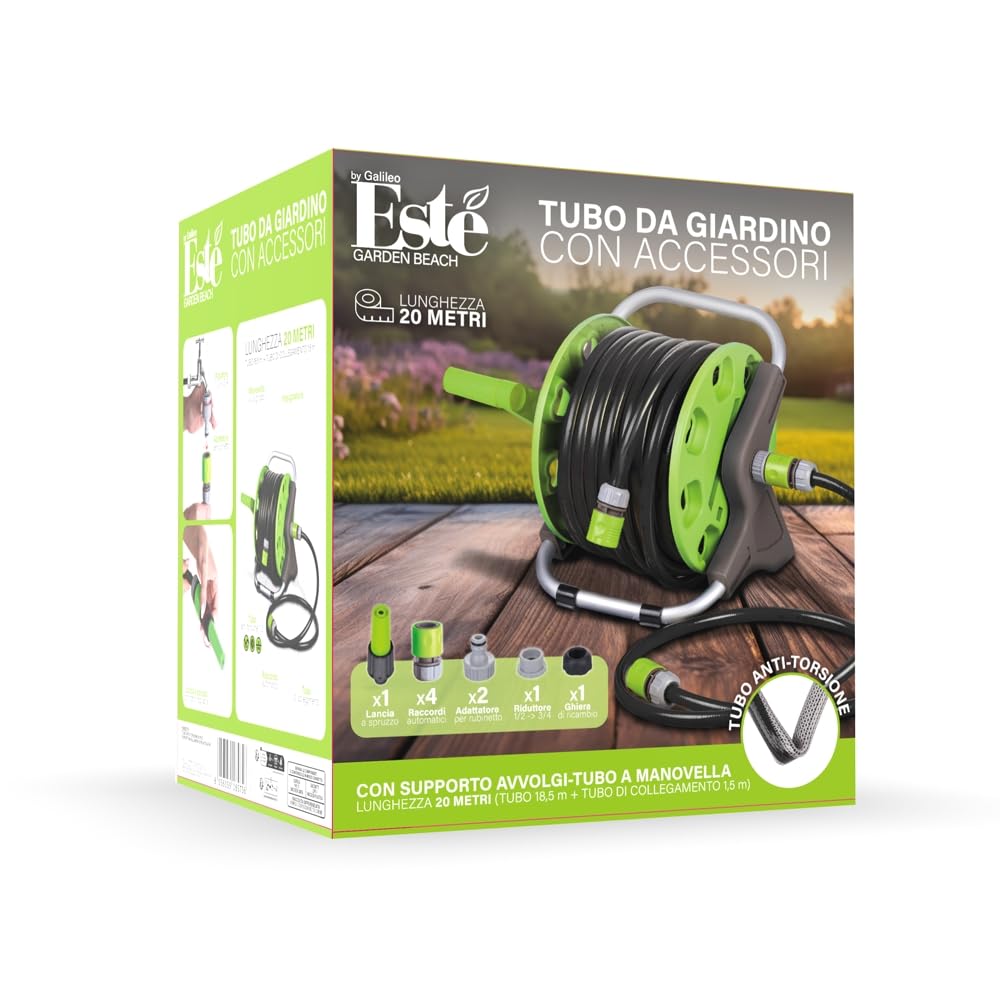 Set de tuyau d'arrosage avec enrouleur de tuyau 20 m, lance de pulvérisation réglable, Esté
