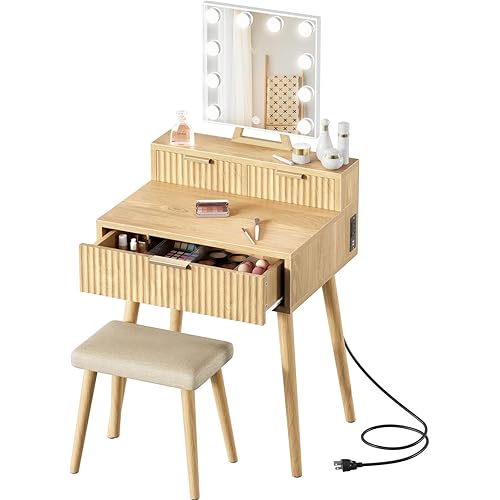 BOLUO Small Vanity Desk with Hollywood Mirror and Lights, Girls Vanity with Stool, Fluted Vanity Set, Compact Make Up Table with Drawers and Outlet Bedroom