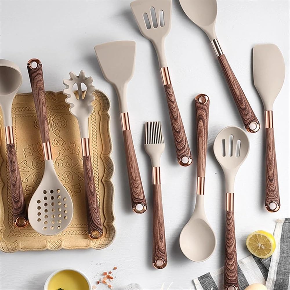 Küchenutensilien-Set aus Silikon, antihaftbeschichtet, mit vergoldetem Griff, BPA-frei, hitzebeständiges Pfannenwender-Set (Khaki)