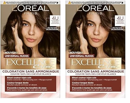 L’ORÉAL PARIS - Coloration Cheveux Cheveux Permanente - Sans Ammoniaque - Couvre 100% des Cheveux Blancs - Excellence Crème Universal Nudes - Nuance : Châtain Universel (4) (Lot de 2)