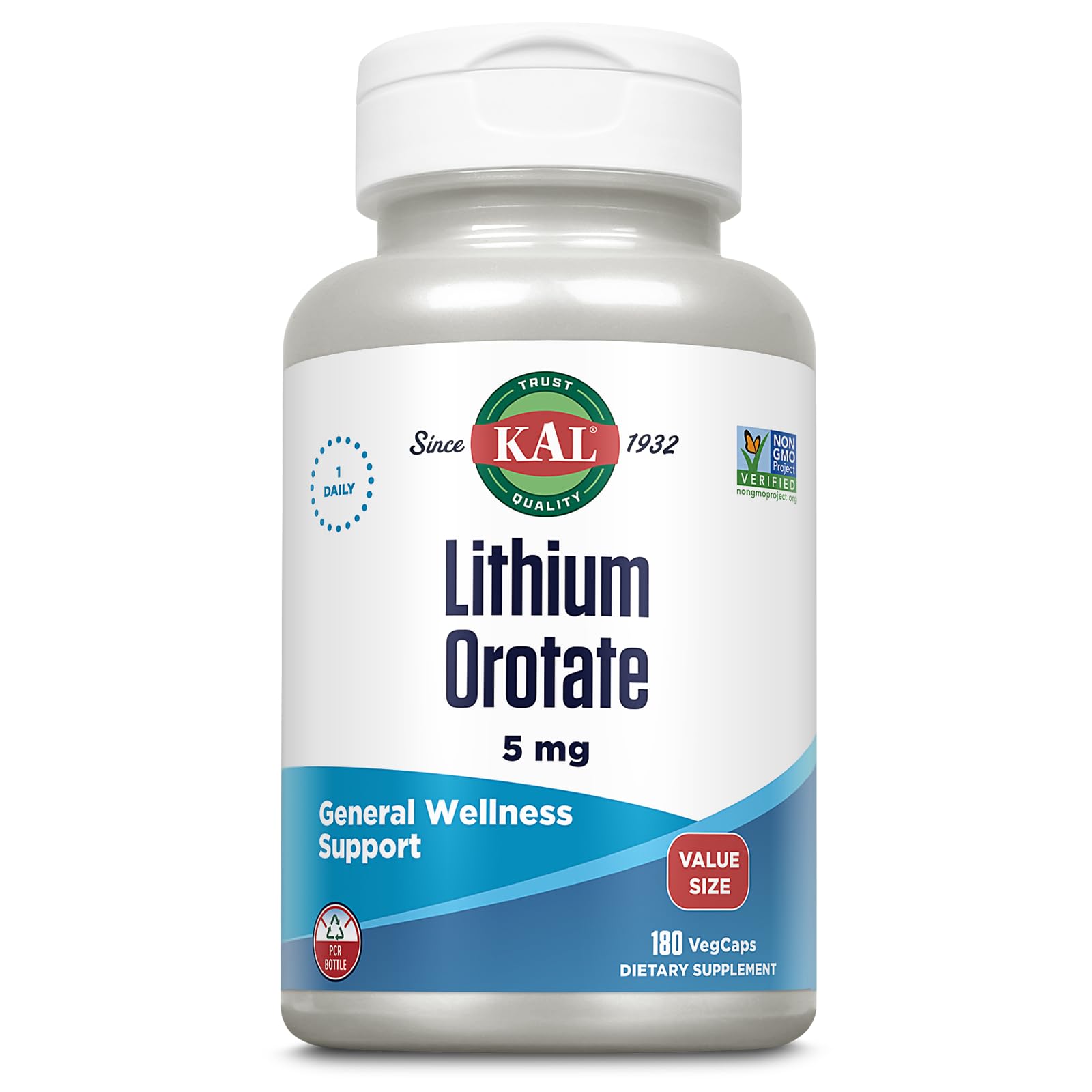 KAL Lithium Orotate 5mg, Low Dose Lithium Supplement for General Wellness Mood Support, Highly Bioavailable, Vegan, 60-Day Guarantee, 180 Servings, 180 VegCaps