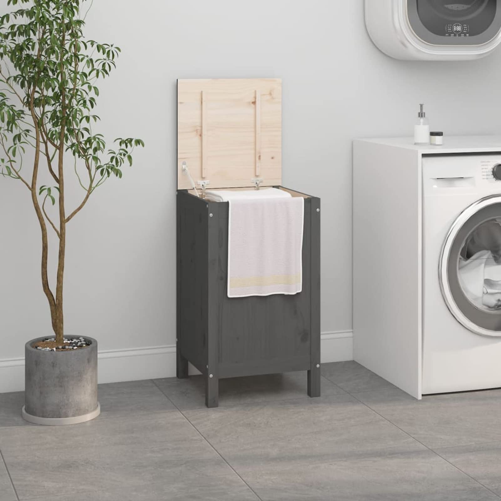 Tidyard Contenitore per Bucato,Contenitore Box,Baule Multiuso,Cassapanca Contenitore in Legno,Baule Contenitore da Interno,Baule in Legno, Grigio 44x44x76 cm Legno Massello Pino