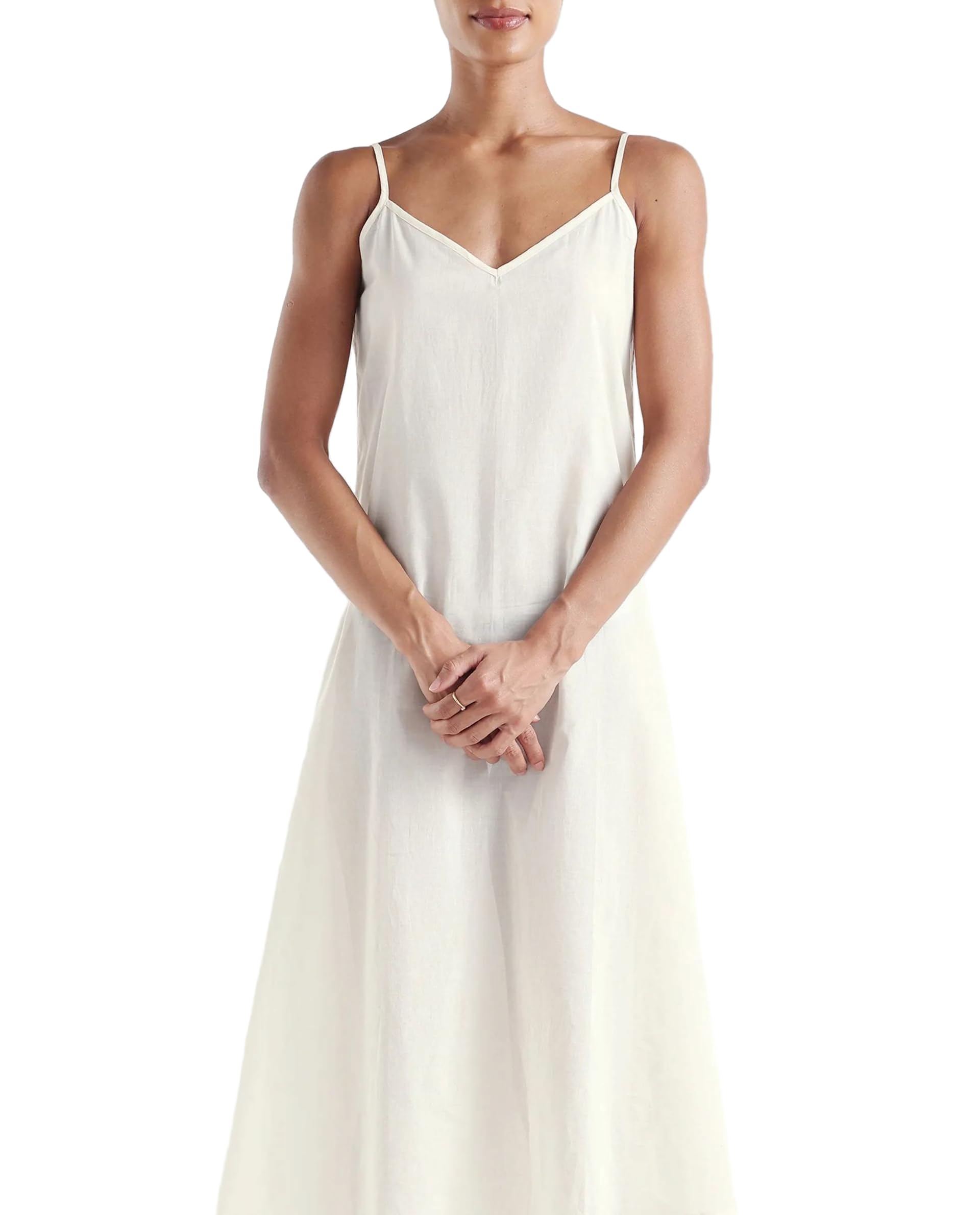 Women RAREISM Relaxed A-Line Solid Off White Linen V-Neck Long Sleeve Dress-image-2
