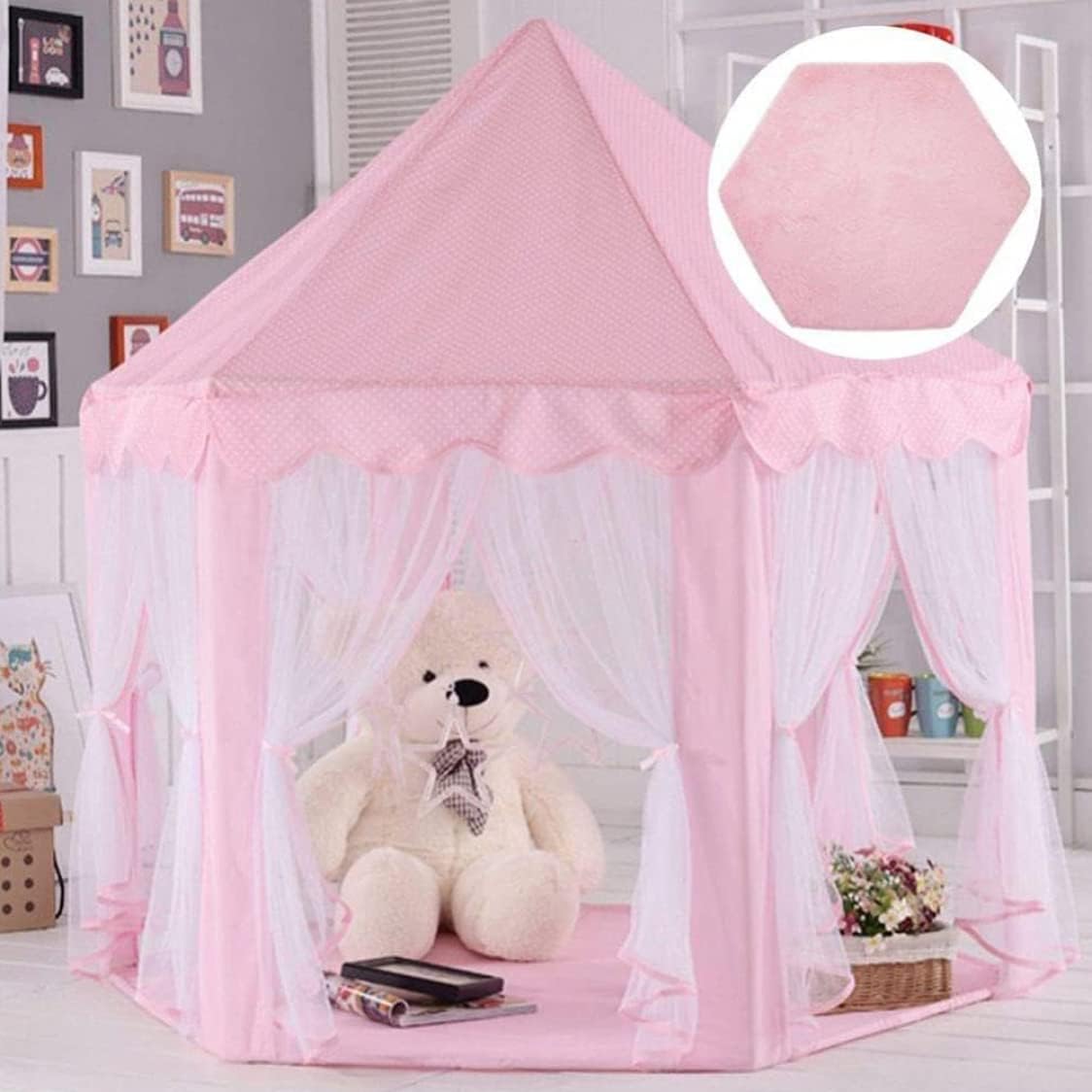 Princess Tent Kids Princess Castle Play Tent Mat, Hexagonal Rug, Yoga Mat Cushion 140x120cm
