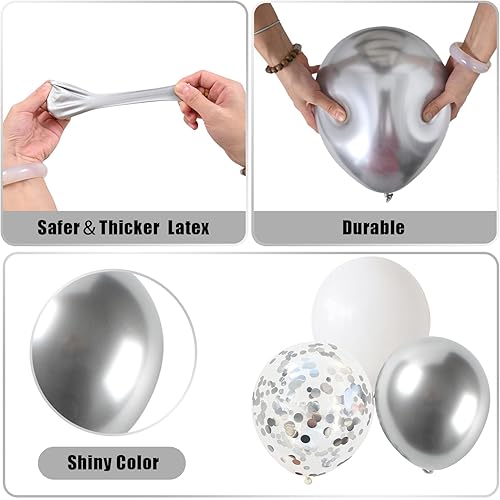 Miniatura 5 de Kit de arco de globos de bola de discoteca, globos blancos y plateados, guirnalda de diferentes tamaños con grandes bolas de espejo plateado