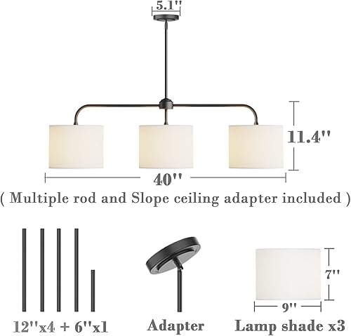 Miniatura 6 de Electro bp Lámpara colgante lineal de lino blanco de 40 pulgadas de ancho con 3 luces con lámpara colgante lineal de metal negro para isla de