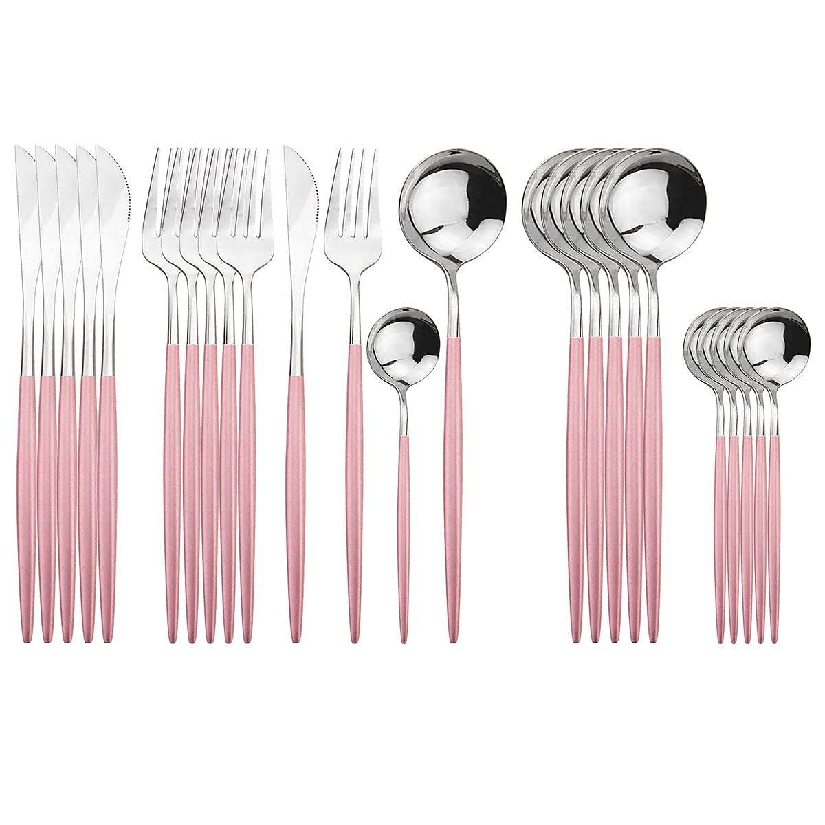 Silver Silverware Set, 24-Piece Stainless Steel Flatware Set Service For 6, Mirror Polished Pink Handle Tableware Cutlery Set Knife Fork And Spoon For Home & Restaurant, Dishwasher Safe
