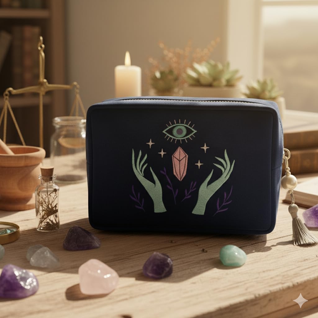 La Muci Velvet Zipper Pouch for Tarot Decks, Oracle Cards and Crystals, Embroidered Mystical Makeup Bag, Soft Velvet Cosmetic Pouch, Travel Organizer Storage Bag with Zipper and Tassel