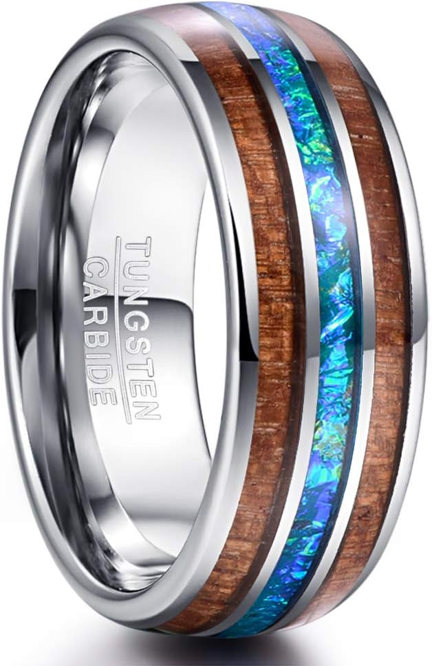 VAKKI 8mm Hawaiian Koa Wood and Abalone Shell Tungsten Carbide Rings Wedding Bands for Men Comfort Fit Size 6 to 14 Hawaiian Koa Wood+Imitated Opal