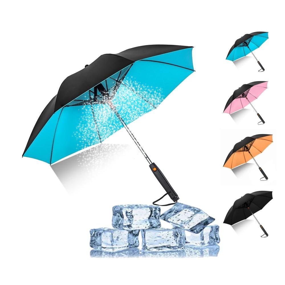 Generic Umbrella with Fan and Mist Spray UV Blocking Umbrella Battery Powered Cooling Umbrella with Fan for Sand Travel Fishing Golfing Patio Picnics Camping (Blue)