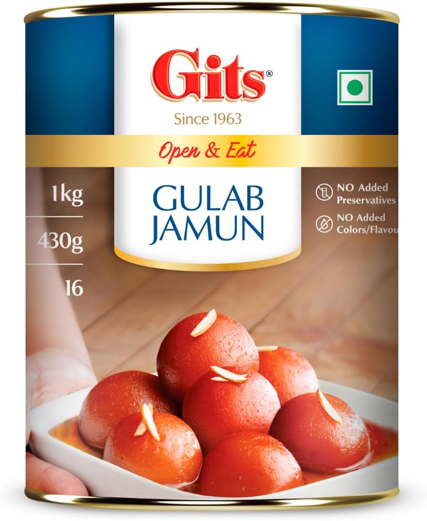 Gits Open & Eat Gulab Jamun Tin, 16 Pieces per Can, Mouth-Watering Indian Mit...