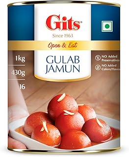 Gits Open & Eat Gulab Jamun Tin, 16 Pieces per Can, Mouth-Watering Indian Mithai, 1Kg