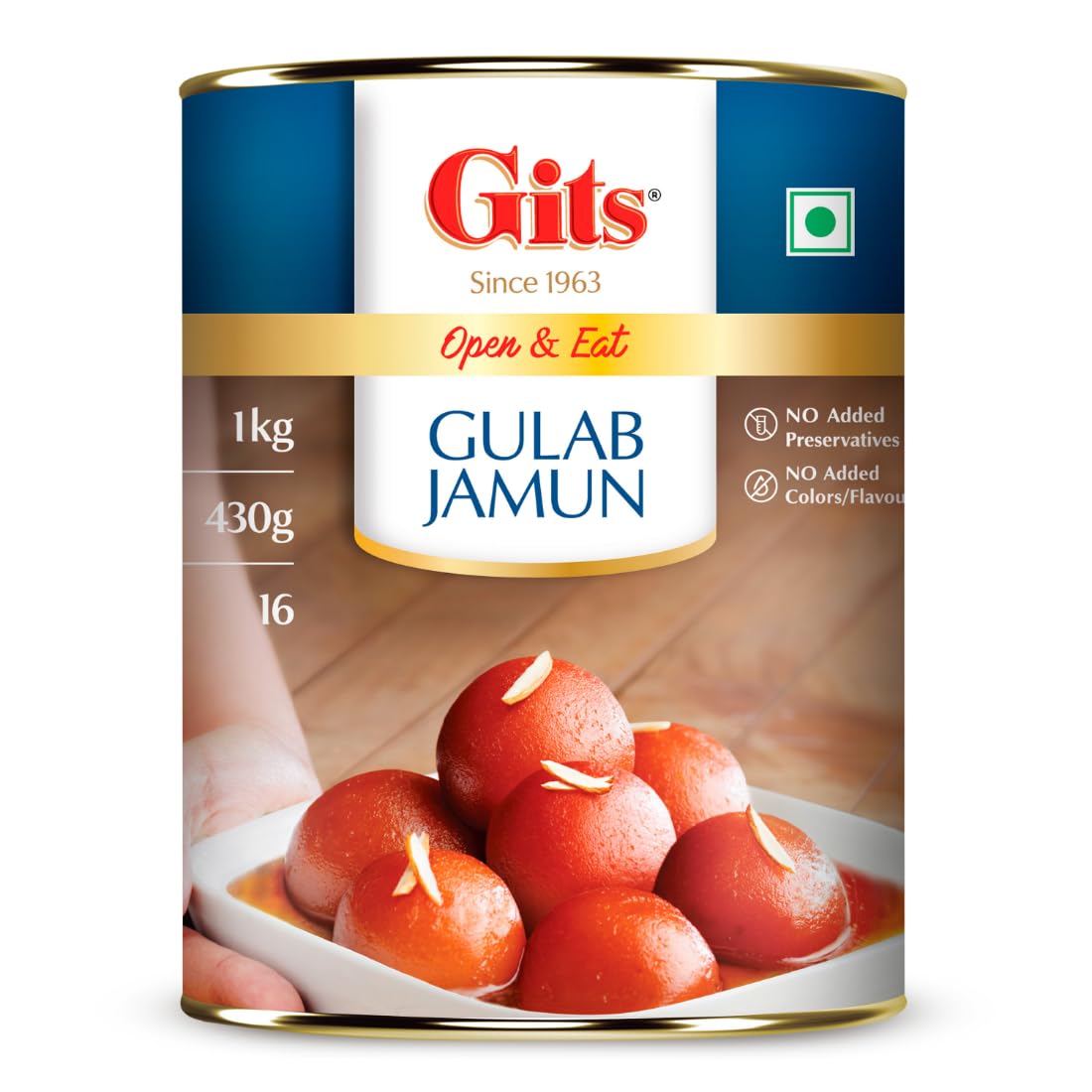 Gits Open & Eat Gulab Jamun Tin, 16 Pieces per Can, Mouth-Watering Indian Mithai, 1Kg