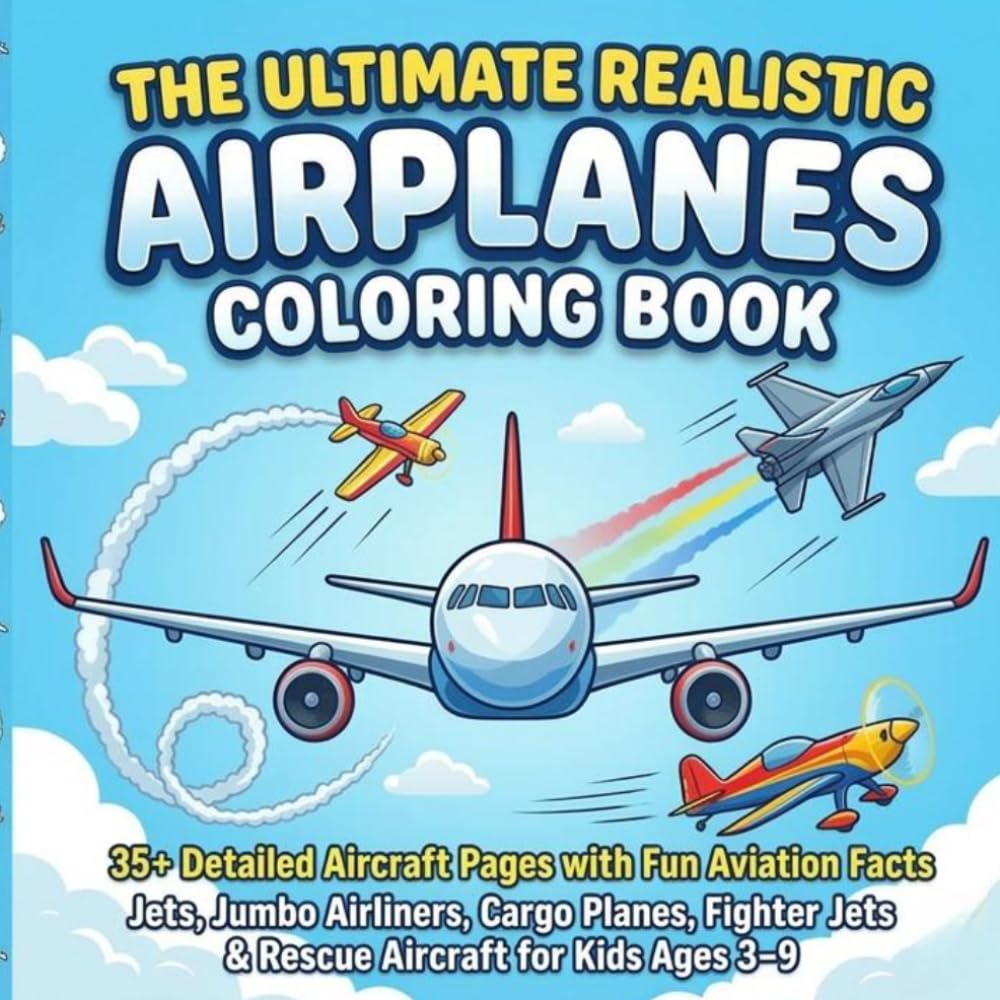 The Ultimate Realistic Airplanes Coloring Book for Kids Ages 3–9: 35+ Detailed Aircraft Pages with Fun Aviation Facts | Jets, Jumbo Airliners, Cargo Planes, Fighter Jets & Rescue Aircraft