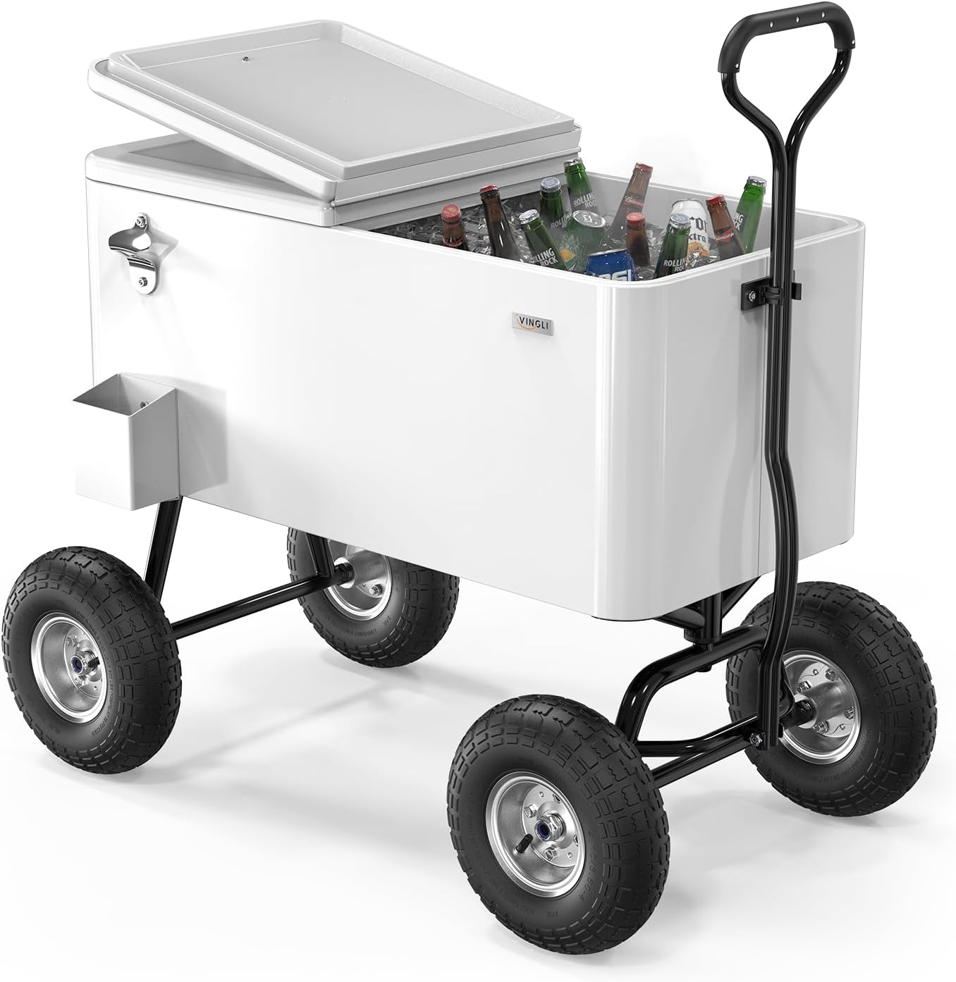VINGLI 80 Quart Wagon Rolling Cooler Ice Chest, w/Long Handle and 10" Wheels, Portable Beach Patio Party Bar Cold Drink Beverage, Outdoor Park Cart on Wheels