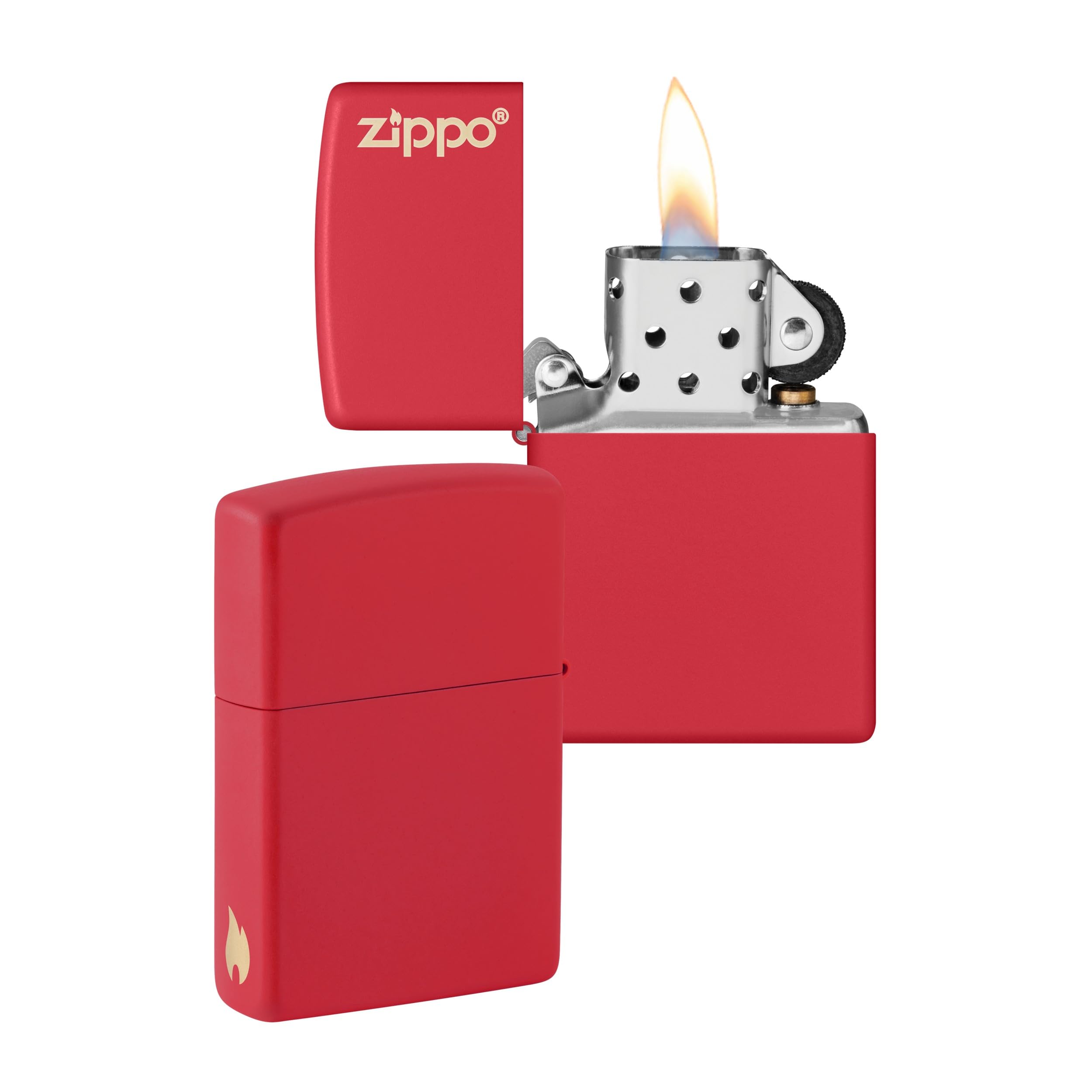Zippo Accendino antivento con logo e fiamma, rosso opaco, incisione laser, ricaricabile, fiamma regolabile, confezione regalo, struttura in metallo, prodotto negli Stati Uniti