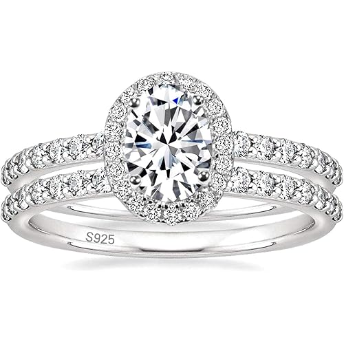 EAMTI 1.5CT 925 Sterling Silver Cubic Zirconia Bridal Rings Sets Oval Cut CZ Engagement Rings Wedding Band For Women Size 4-10