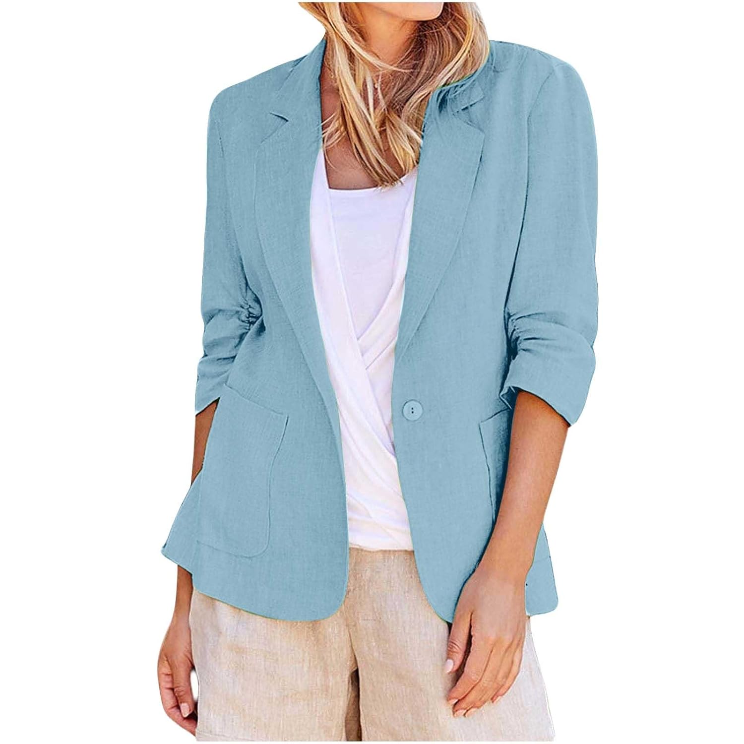 Blazer Jackets for Women Lightweight 3 4 Sleeve Lapel Outfits Casual Work Professiona Suit Jacket with Pockets